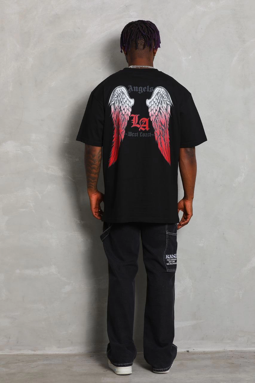 Erkek Baskılı Tişört Kısa Kol Bisiklet Yaka Oversize T-Shirt - Siyah