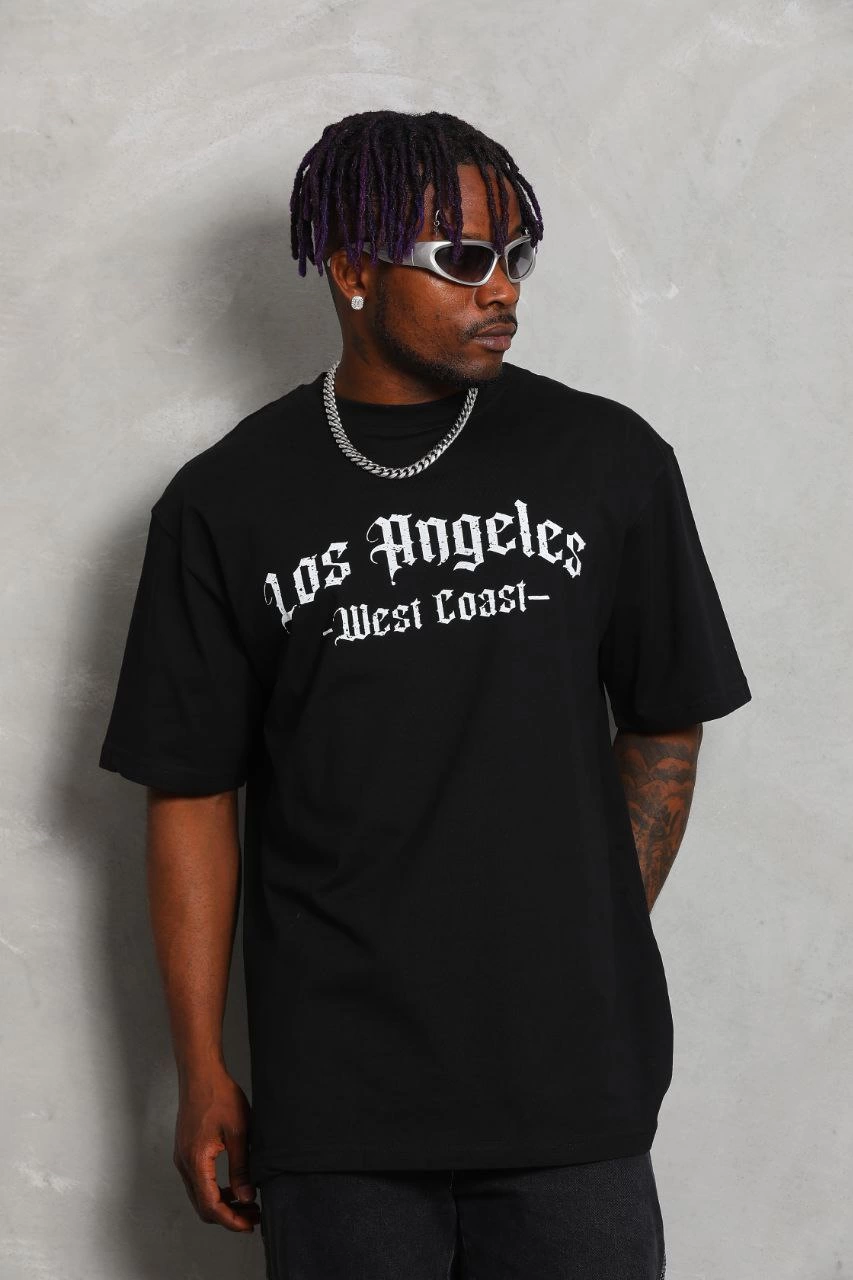 Erkek Baskılı Tişört Kısa Kol Bisiklet Yaka Oversize T-Shirt - Siyah