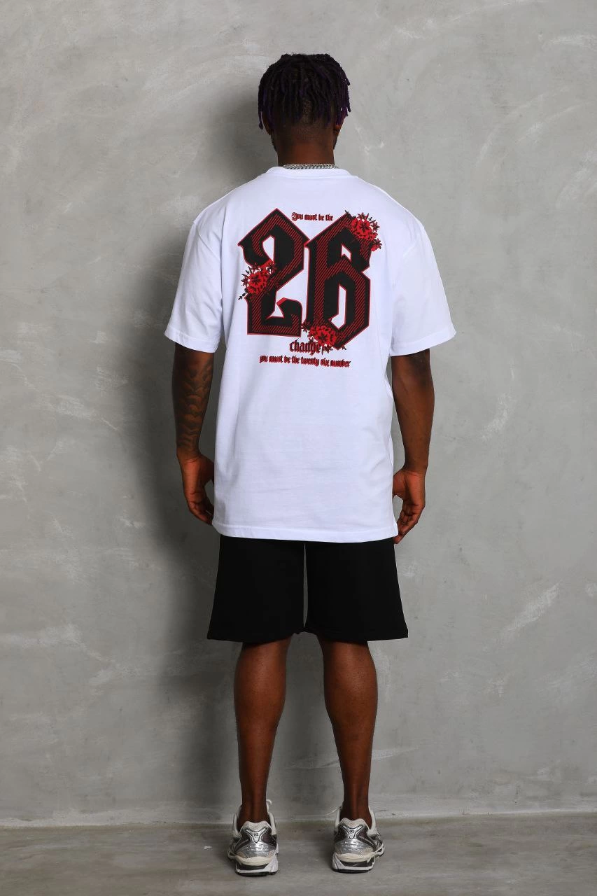 Erkek Baskılı Tişört Kısa Kol Bisiklet Yaka Oversize T-Shirt - Beyaz