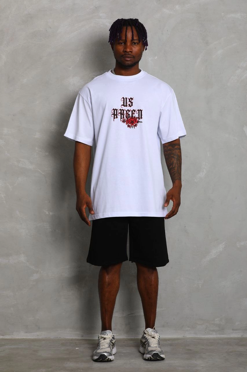 Erkek Baskılı Tişört Kısa Kol Bisiklet Yaka Oversize T-Shirt - Beyaz