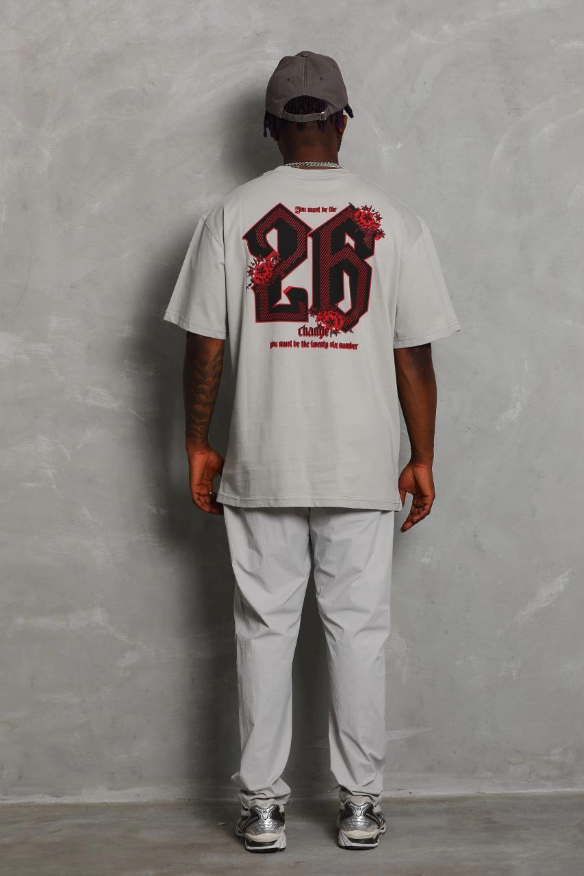 Erkek Kısa Kol Yazlık Tişört Bisiklet Yaka Baskılı Oversize T-Shirt - Gri