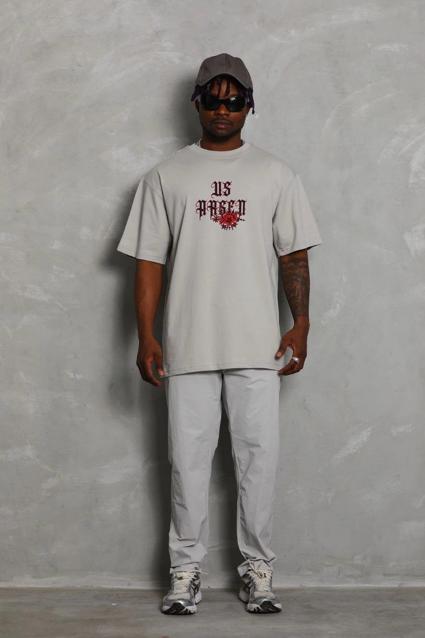 Erkek Kısa Kol Yazlık Tişört Bisiklet Yaka Baskılı Oversize T-Shirt - Gri