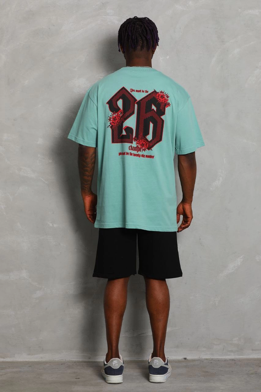 Erkek Baskılı Tişört Kısa Kol Bisiklet Yaka Oversize T-Shirt - Mint Yeşili