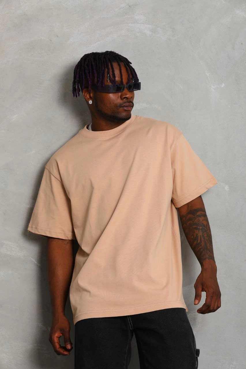 Erkek Düz Yazlık Kısa Kol Tişört Bisiklet Yaka Oversize T-Shirt - Bej