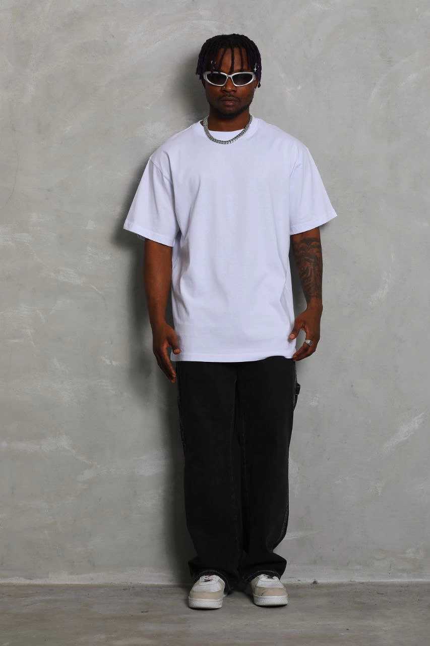Erkek Düz Yazlık Kısa Kol Tişört Bisiklet Yaka Oversize T-Shirt - Beyaz