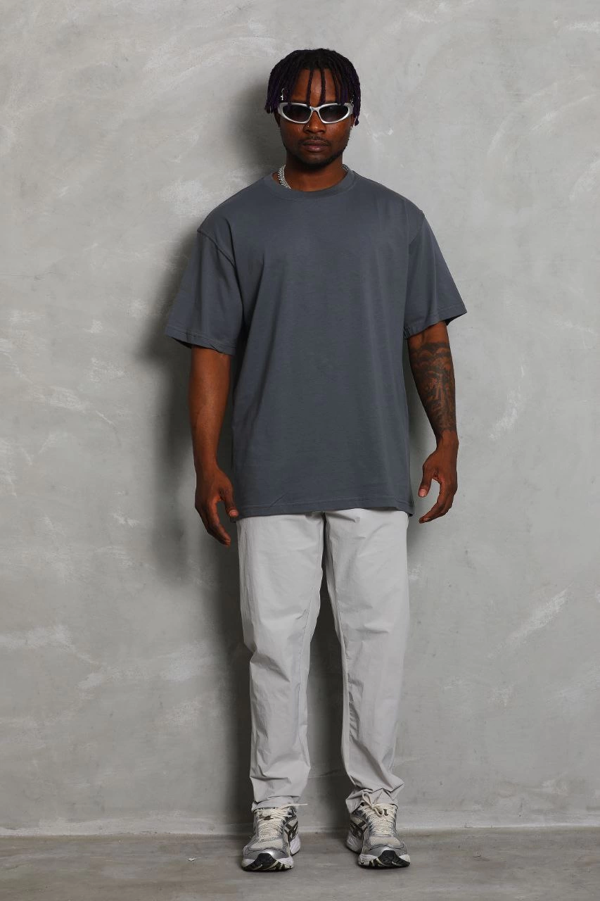 Erkek Düz Yazlık Kısa Kol Tişört Bisiklet Yaka Oversize T-Shirt - Füme