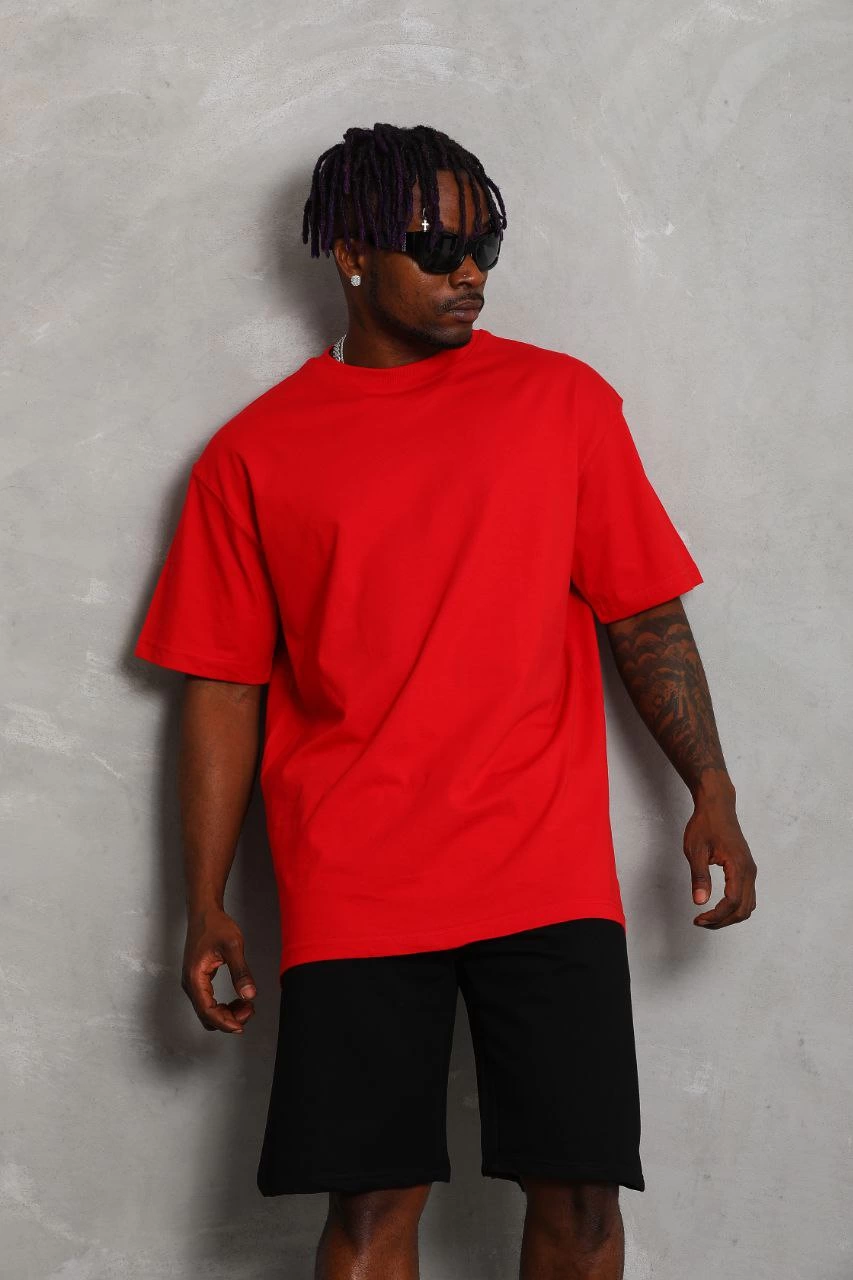 Erkek Düz Yazlık Kısa Kol Tişört Bisiklet Yaka Oversize T-Shirt - Kırmızı
