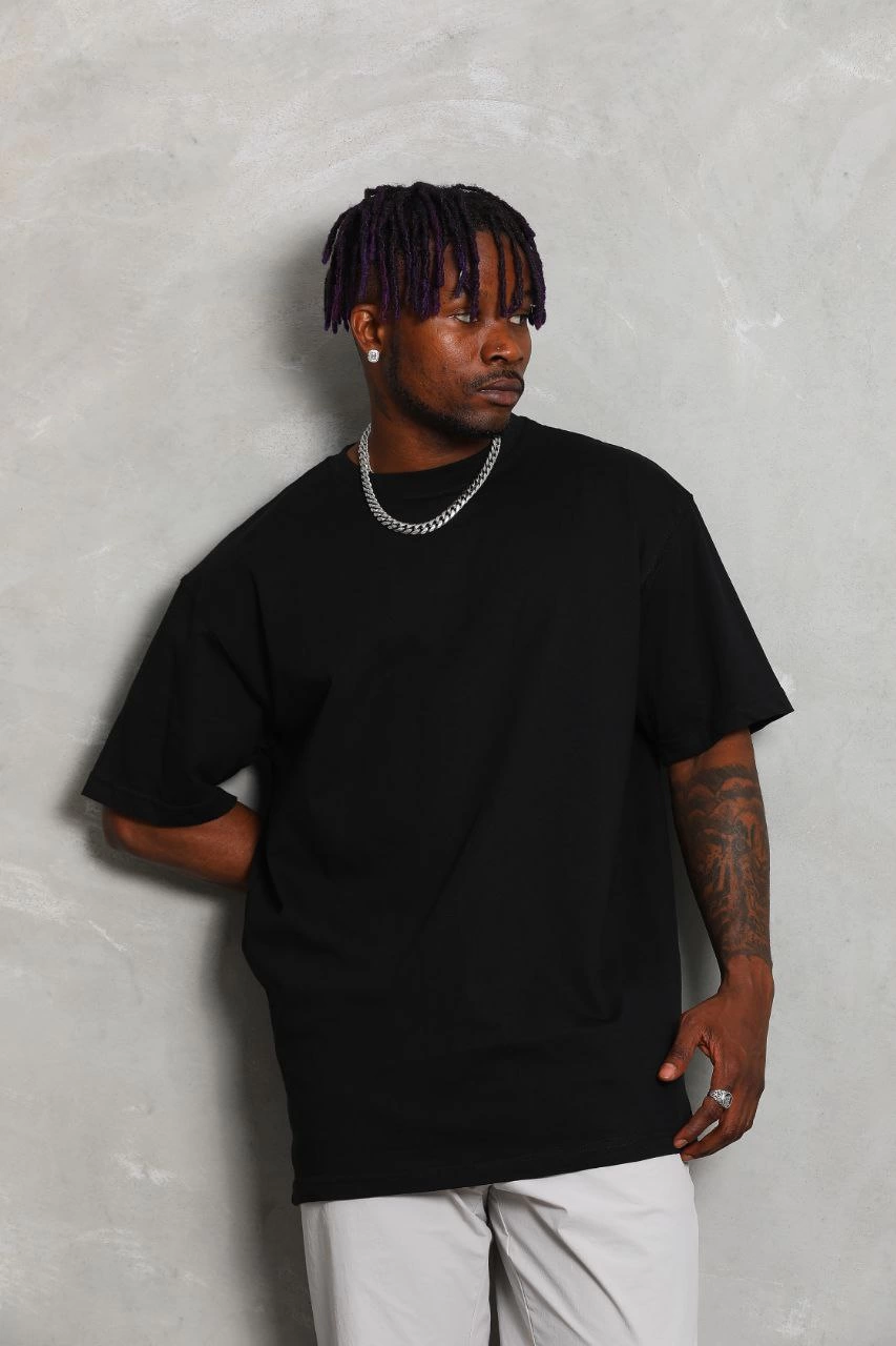 Erkek Düz Yazlık Kısa Kol Tişört Bisiklet Yaka Oversize T-Shirt - Siyah
