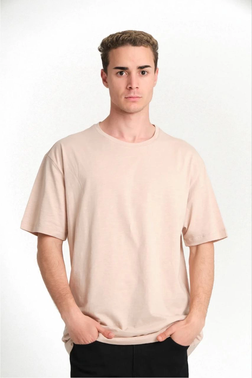 Erkek Düz Penye Tişört Bisiklet Yaka Kısa Kol Regular Fit T-Shirt - Bej