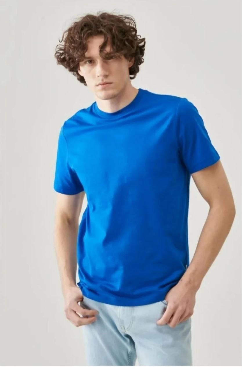 Erkek Düz Penye Tişört Bisiklet Yaka Kısa Kol Regular Fit T-Shirt - Mavi