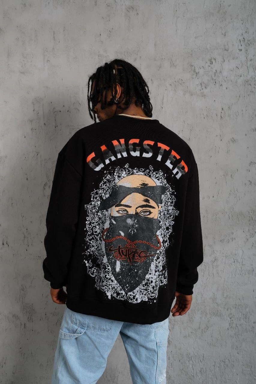 Erkek 3 İplik Pamuklu Bisiklet Yaka Gangster Baskılı Sweatshirt - Siyah