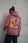 Erkek 3 İplik Pamuklu Kapüşonlu Baskılı Cepli Sweatshirt Hoodie - Gül Kurusu