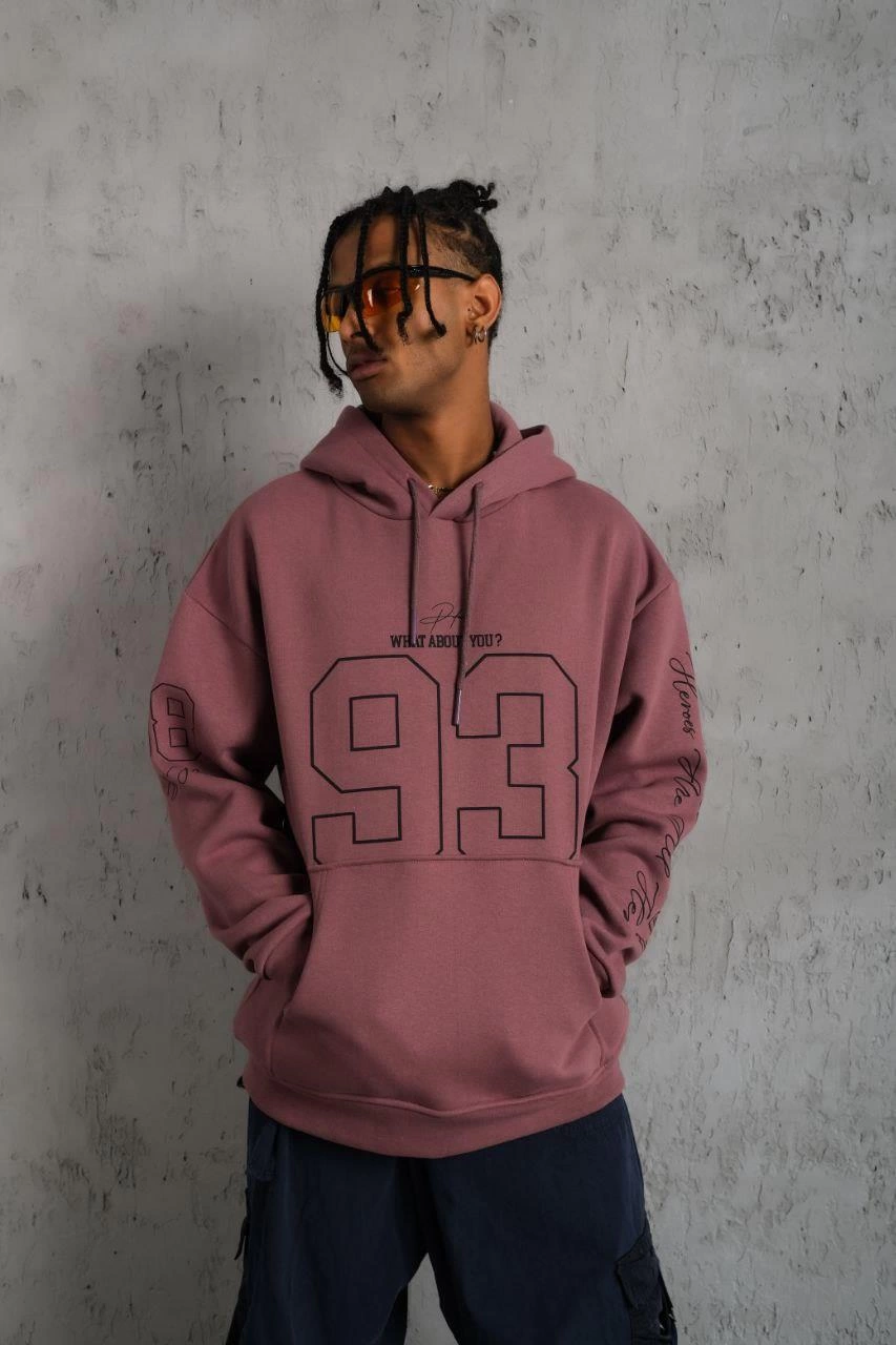 Erkek 3 İplik Pamuklu Kapüşonlu Baskılı Cepli Sweatshirt Hoodie - Gül Kurusu