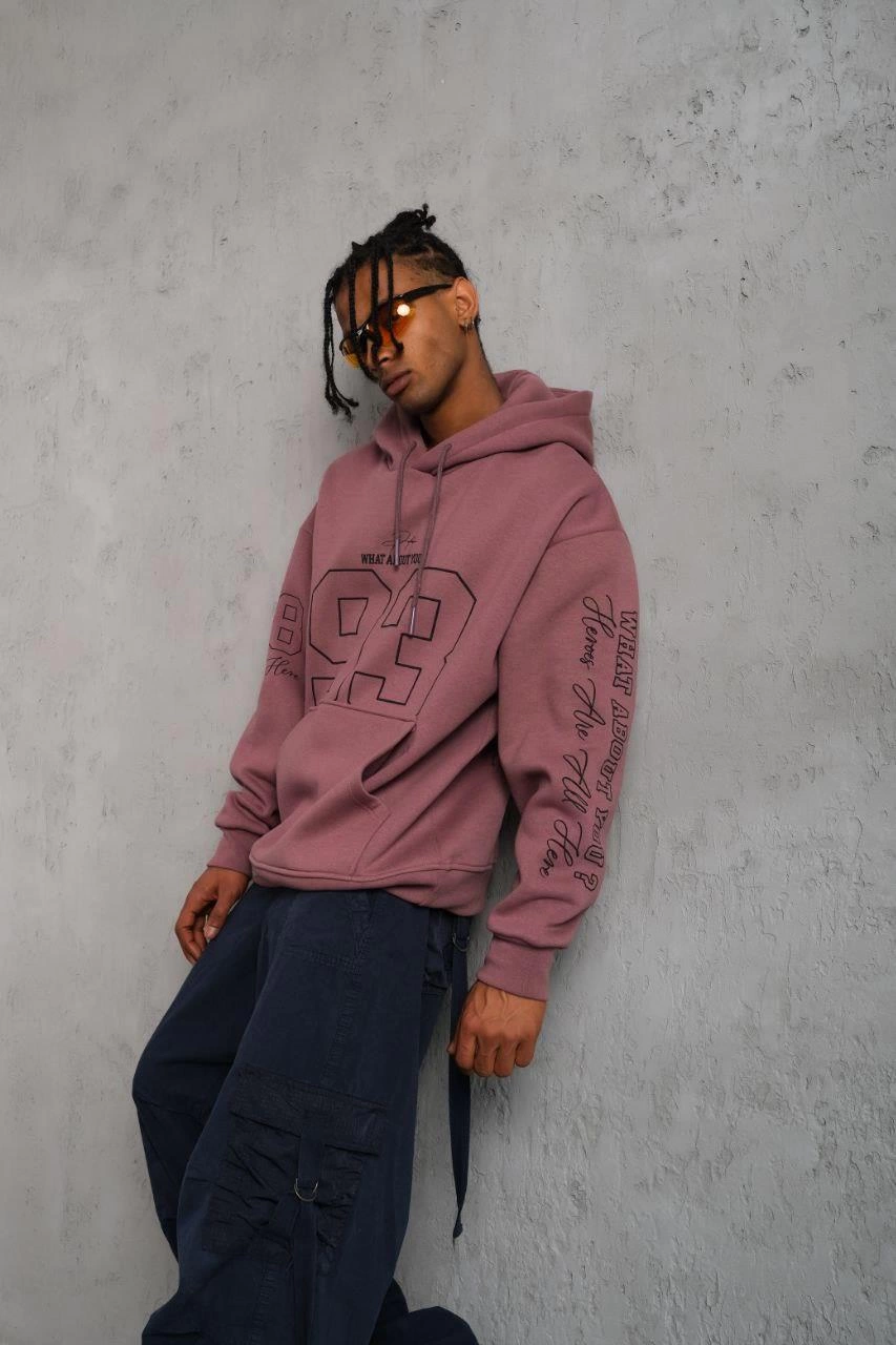 Erkek 3 İplik Pamuklu Kapüşonlu Baskılı Cepli Sweatshirt Hoodie - Gül Kurusu