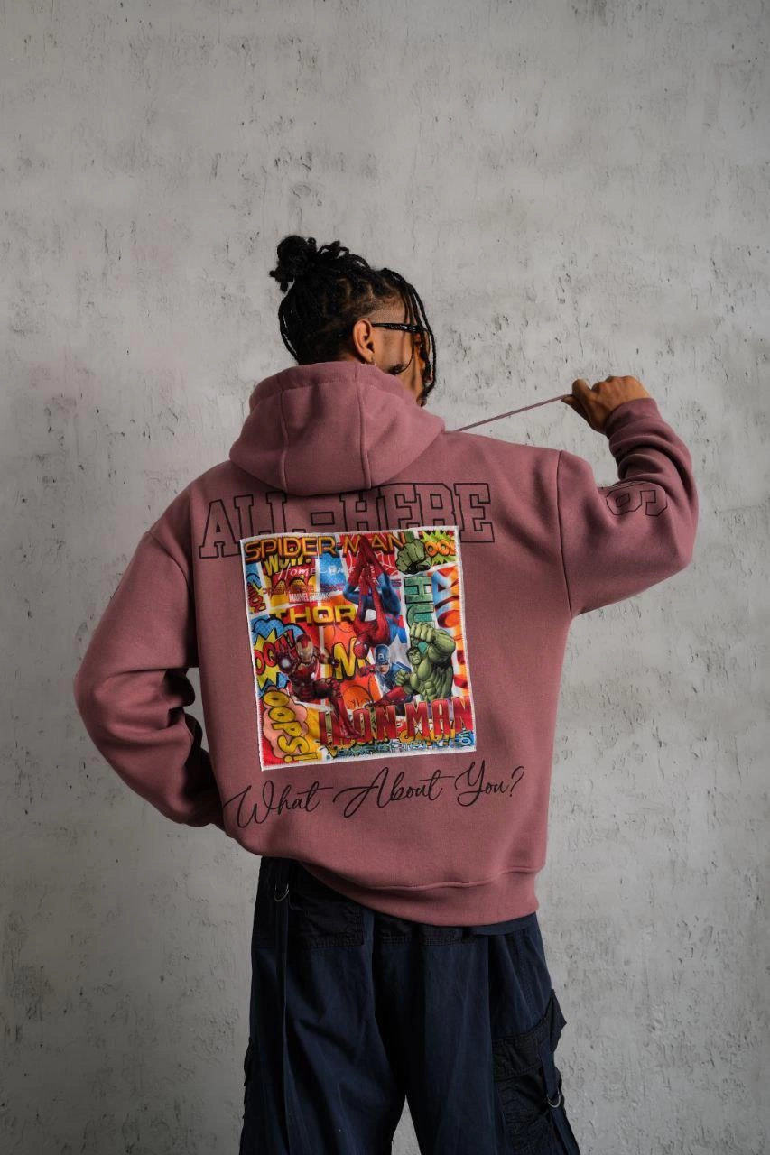Erkek 3 İplik Pamuklu Kapüşonlu Baskılı Cepli Sweatshirt Hoodie - Gül Kurusu