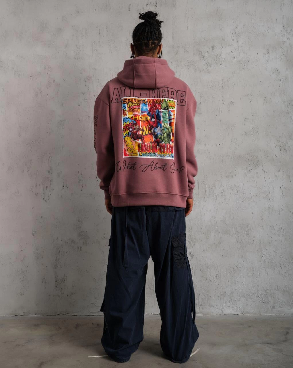 Erkek 3 İplik Pamuklu Kapüşonlu Baskılı Cepli Sweatshirt Hoodie - Gül Kurusu