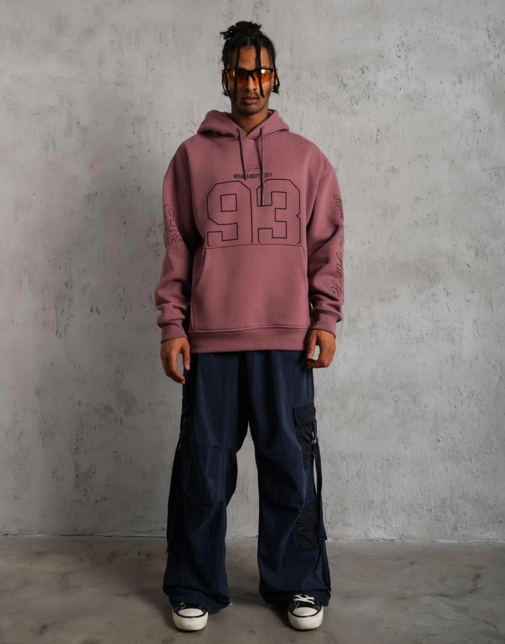 Erkek 3 İplik Pamuklu Kapüşonlu Baskılı Cepli Sweatshirt Hoodie - Gül Kurusu
