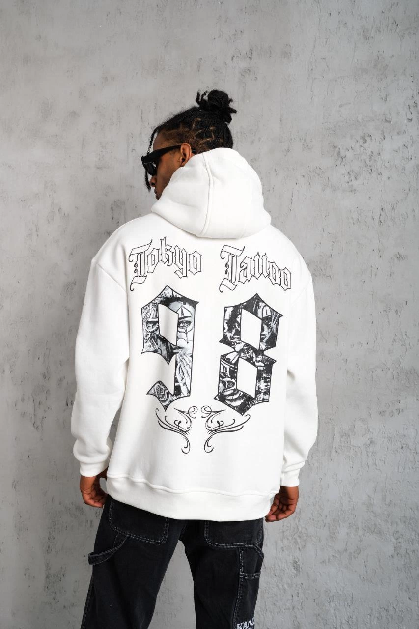 Erkek 98 Baskılı Kapşonlu 3 iplik pamuklu Sweatshirt hoodie - Beyaz