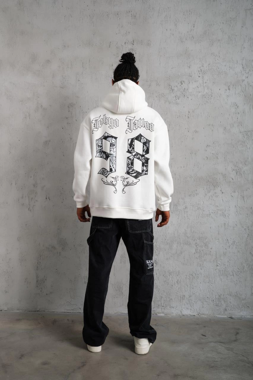 Erkek 98 Baskılı Kapşonlu 3 iplik pamuklu Sweatshirt hoodie - Beyaz