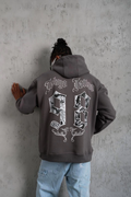 Erkek 3 İplik Pamuklu Kapüşonlu Baskılı Cepli Oversize Sweatshirt Hoodie - Gri