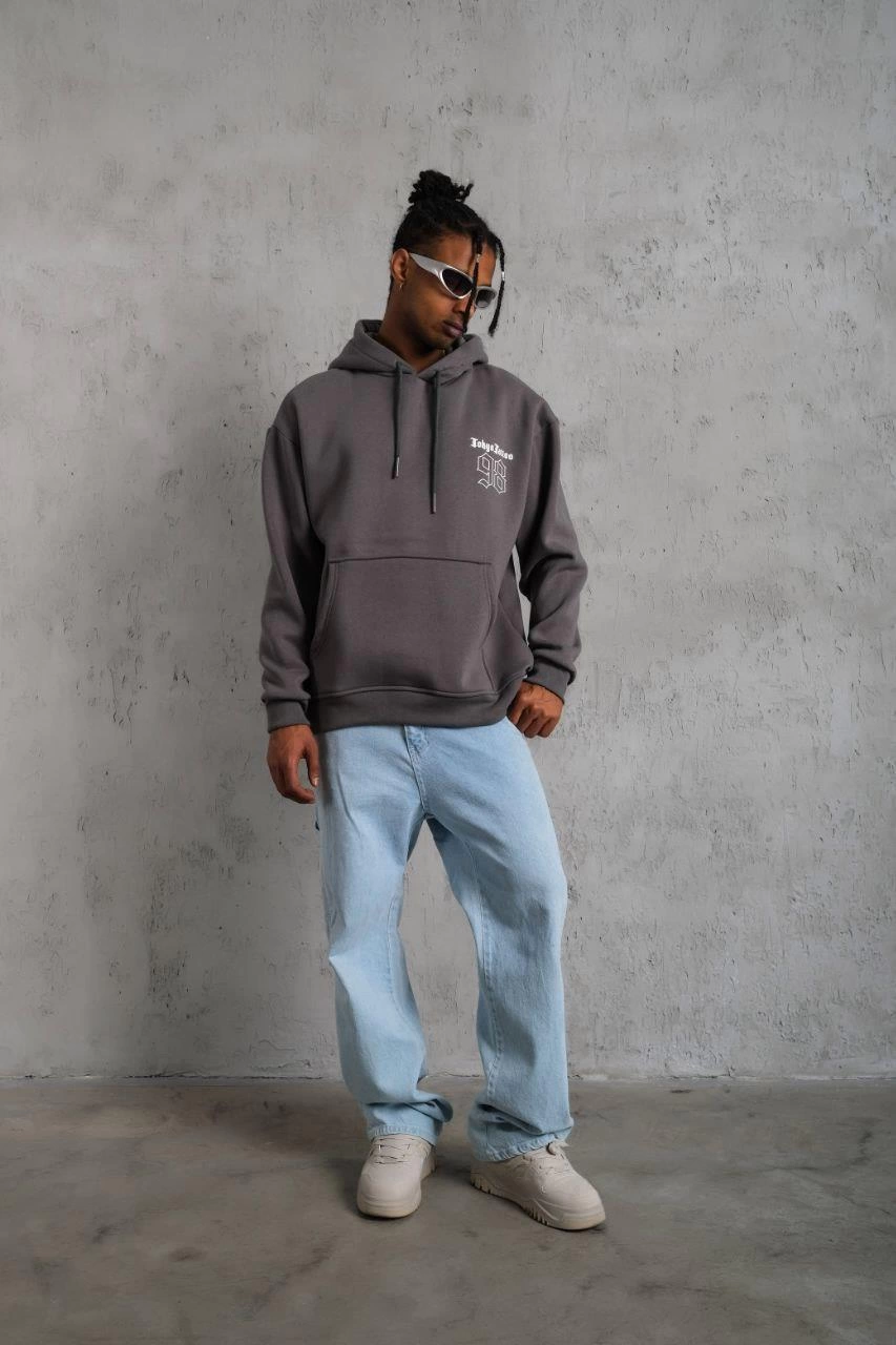 Erkek 3 İplik Pamuklu Kapüşonlu Baskılı Cepli Oversize Sweatshirt Hoodie - Gri