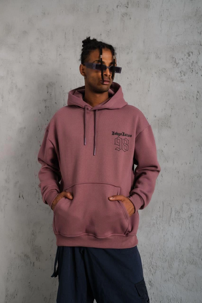 Erkek 3 İplik Pamuklu Kapüşonlu Baskılı Cepli Sweatshirt Hoodie - Gül Kurusu