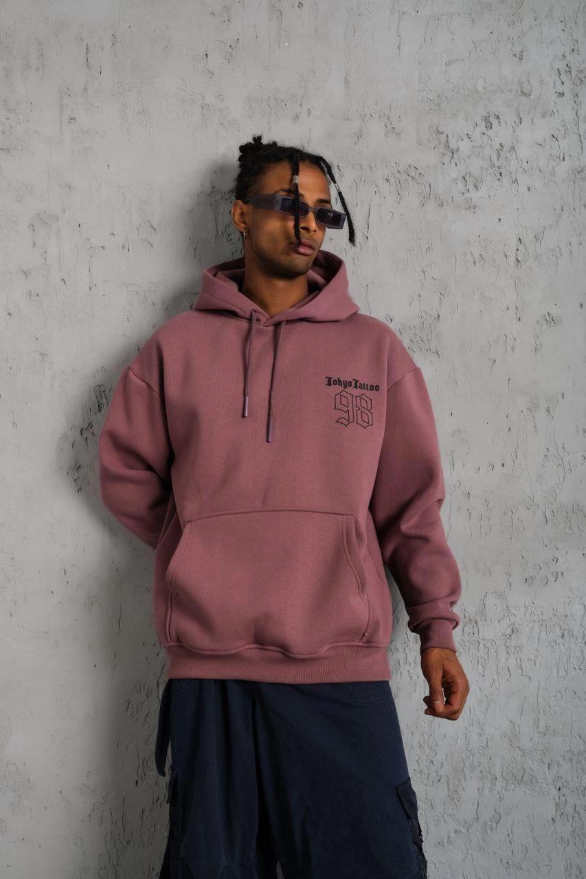 Erkek 3 İplik Pamuklu Kapüşonlu Baskılı Cepli Sweatshirt Hoodie - Gül Kurusu
