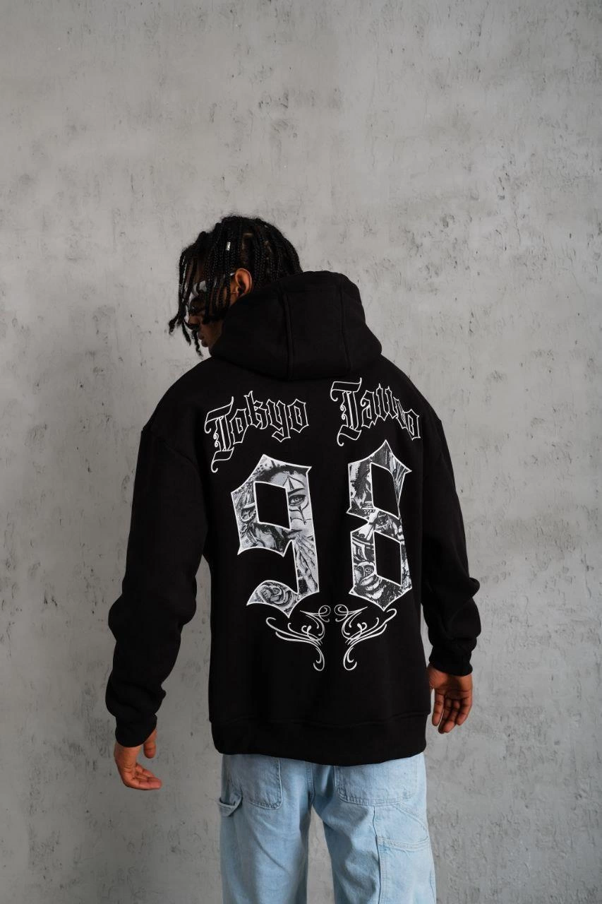 Erkek 98 Baskılı Kapüşonlu 3 iplik pamuklu hoodie Sweatshirt - Siyah