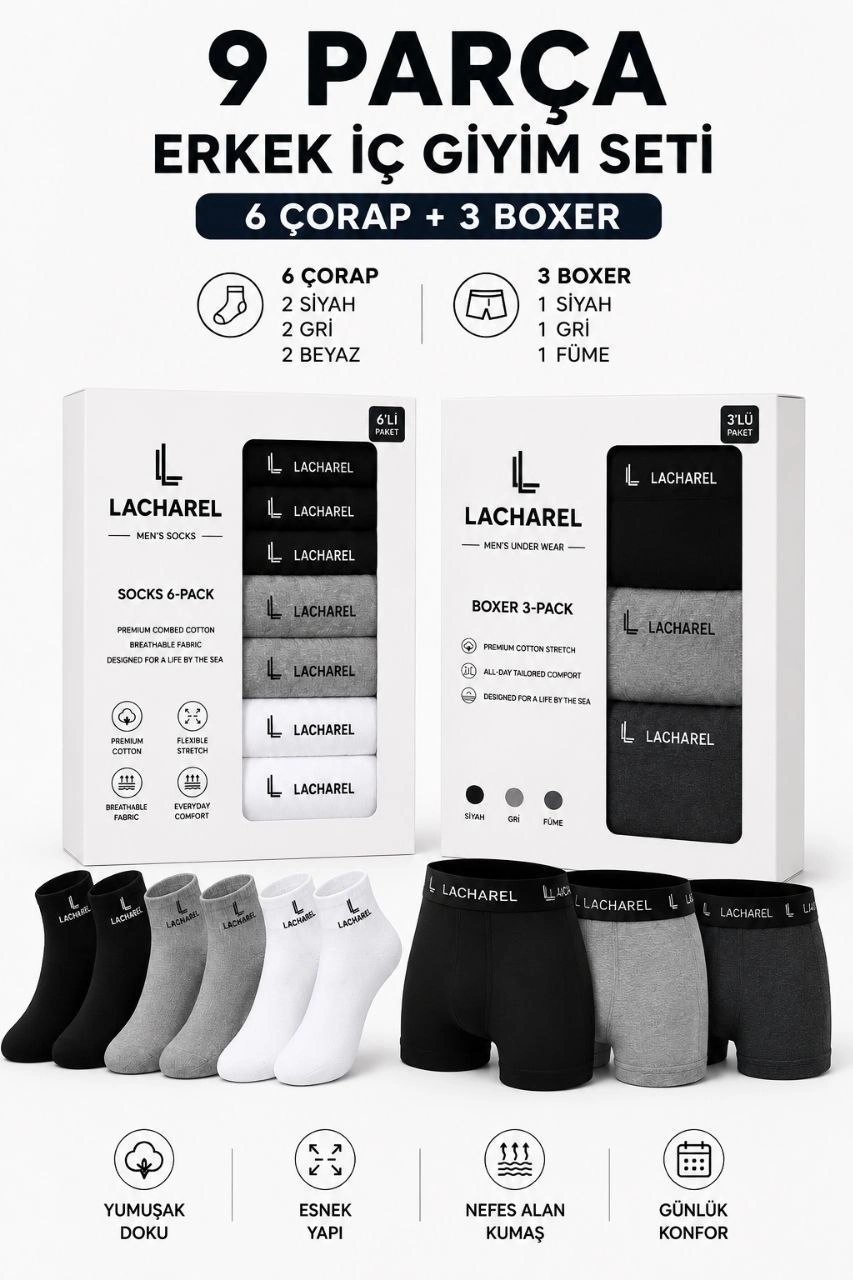 Erkek 9'Lu İç Giyim Seti Pamuklu 3 Boxer 6 Çorap Çoklu Paket - Siyah - Füme - Gri - Beyaz