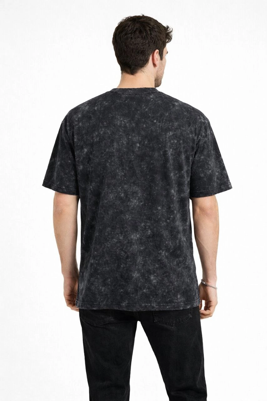 Erkek Asit Yıkama Bisiklet Yaka Kısa Kollu Oversize T-Shirt Tişört - Siyah