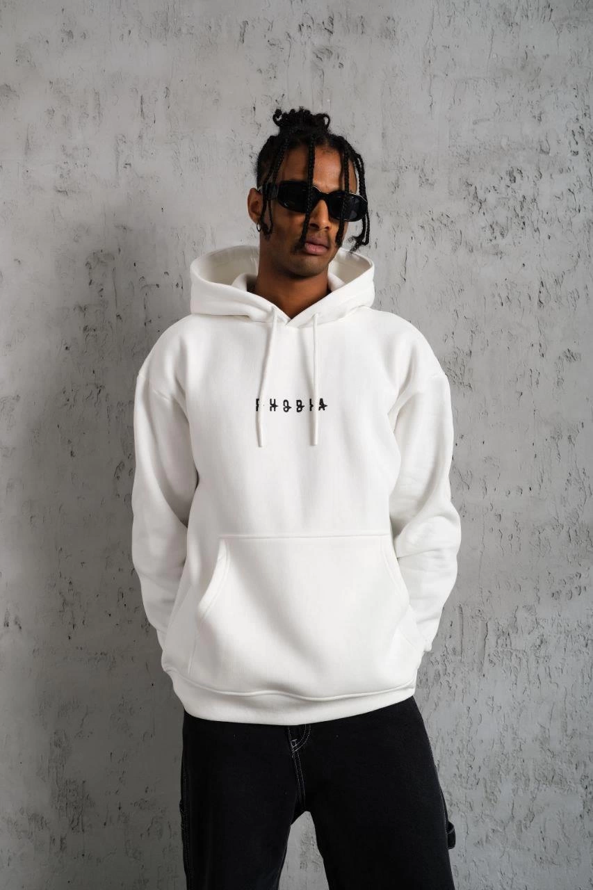 Erkek 3 İplik Pamuklu Kapüşonlu Baskılı Cepli Oversize Sweatshirt Hoodie - Beyaz