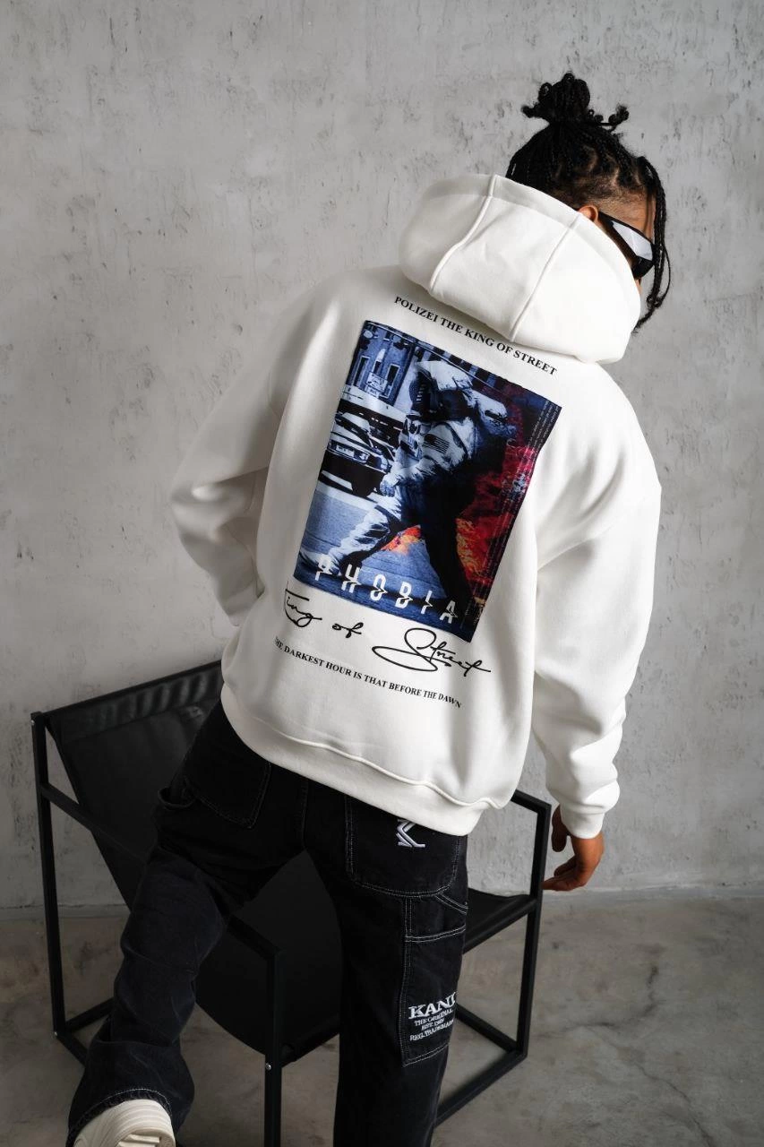 Erkek 3 İplik Pamuklu Kapüşonlu Baskılı Cepli Oversize Sweatshirt Hoodie - Beyaz