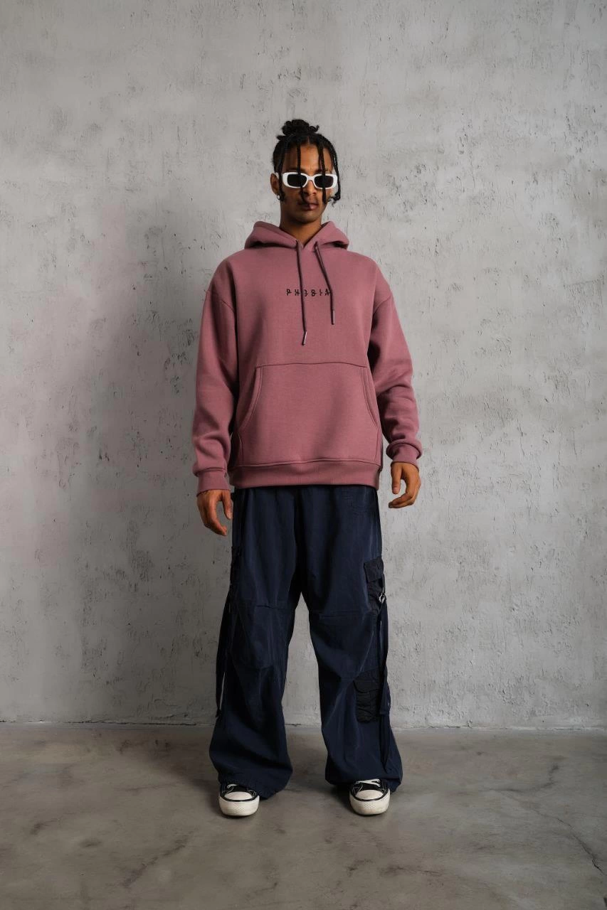 Erkek 3 İplik Pamuklu Kapüşonlu Baskılı Cepli Oversize Sweatshirt Hoodie - Gül Kurusu