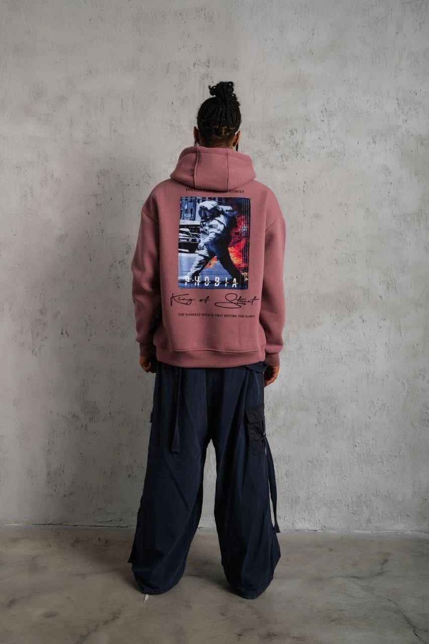 Erkek 3 İplik Pamuklu Kapüşonlu Baskılı Cepli Oversize Sweatshirt Hoodie - Gül Kurusu