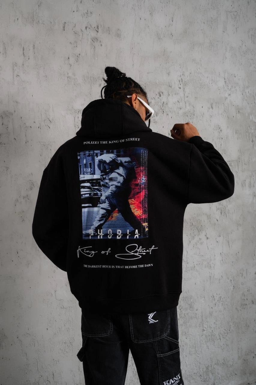 Erkek 3 İplik Pamuklu Kapüşonlu Baskılı Cepli Oversize Sweatshirt Hoodie - Siyah
