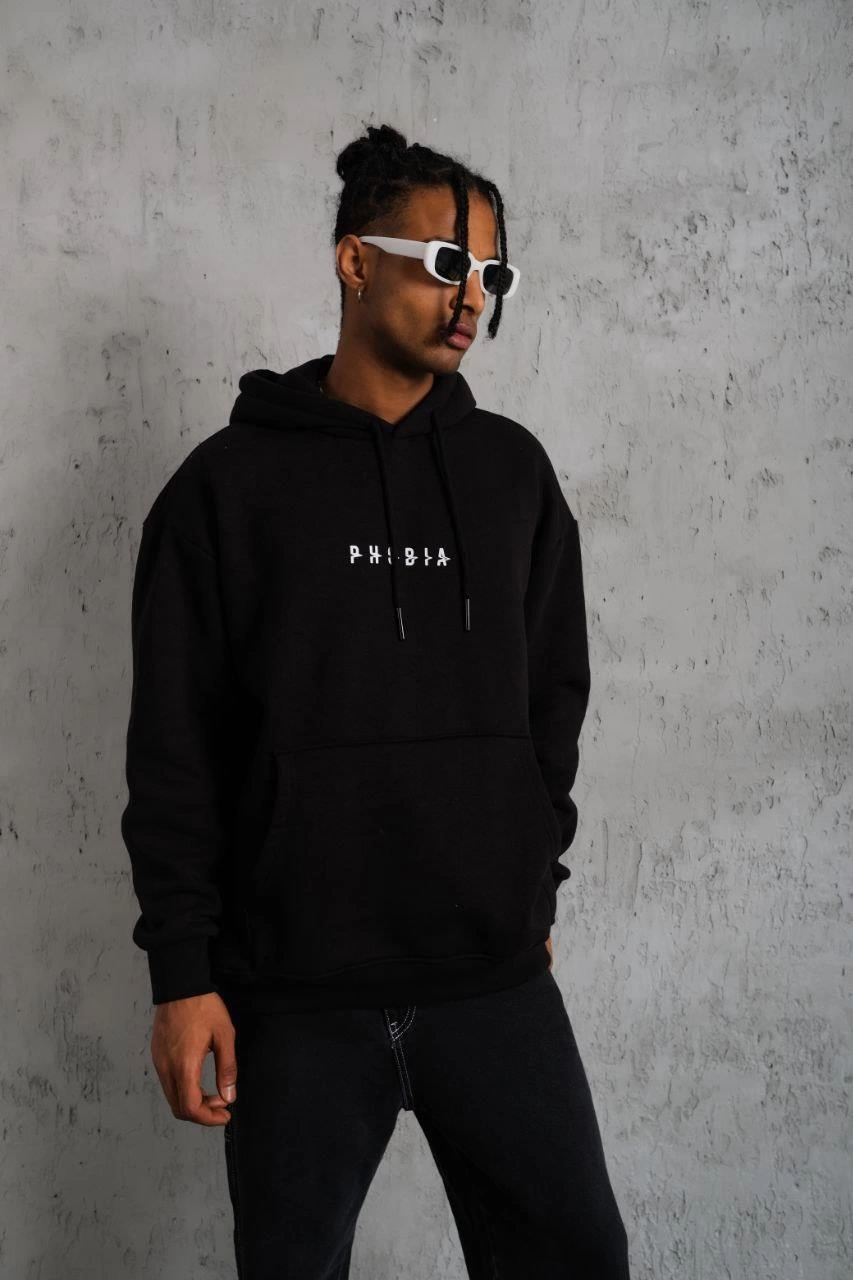Erkek 3 İplik Pamuklu Kapüşonlu Baskılı Cepli Oversize Sweatshirt Hoodie - Siyah