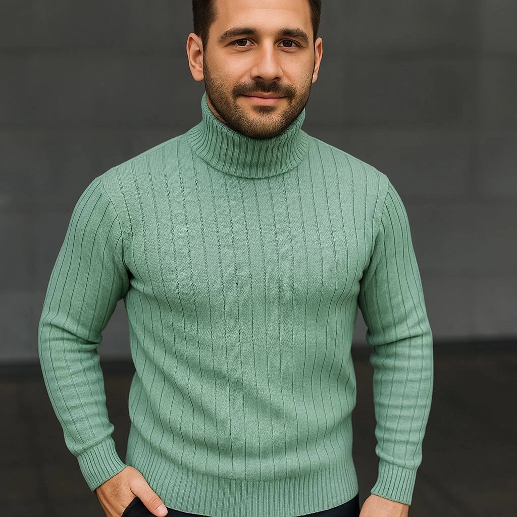 Erkek Tam Boğazlı Balıkçı Yaka Triko Kazak Kalın Fitilli - Mint Yeşili