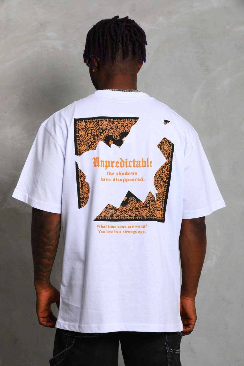 Erkek Baskılı Tişört Kısa Kol Bisiklet Yaka Oversize T-Shirt - Beyaz