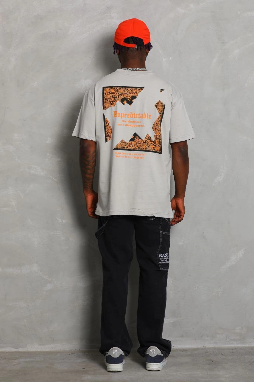 Erkek Baskılı Tişört Kısa Kol Bisiklet Yaka Oversize T-Shirt - Gri