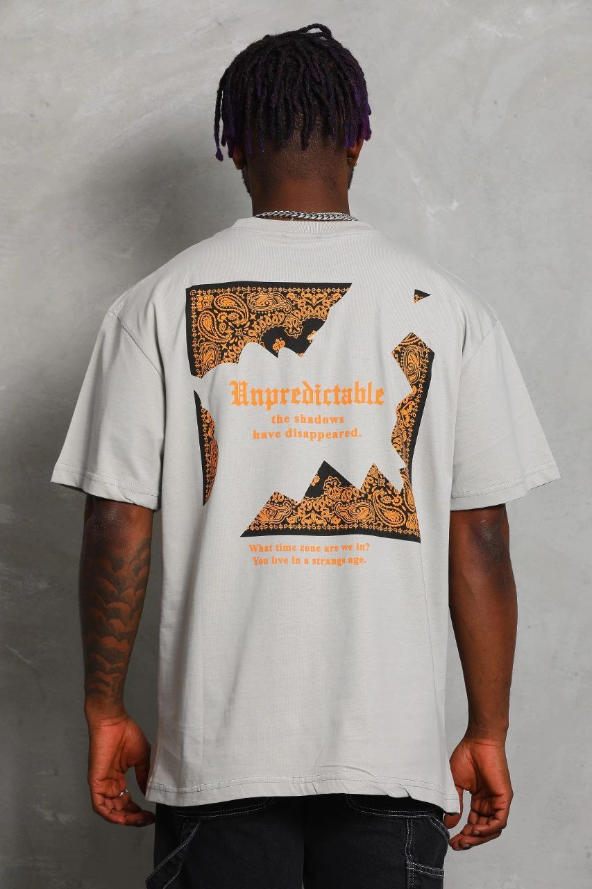Erkek Baskılı Tişört Kısa Kol Bisiklet Yaka Oversize T-Shirt - Gri