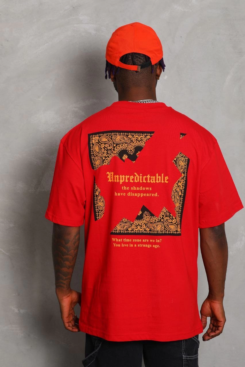 Erkek Baskılı Tişört Kısa Kol Bisiklet Yaka Oversize T-Shirt - Kırmızı