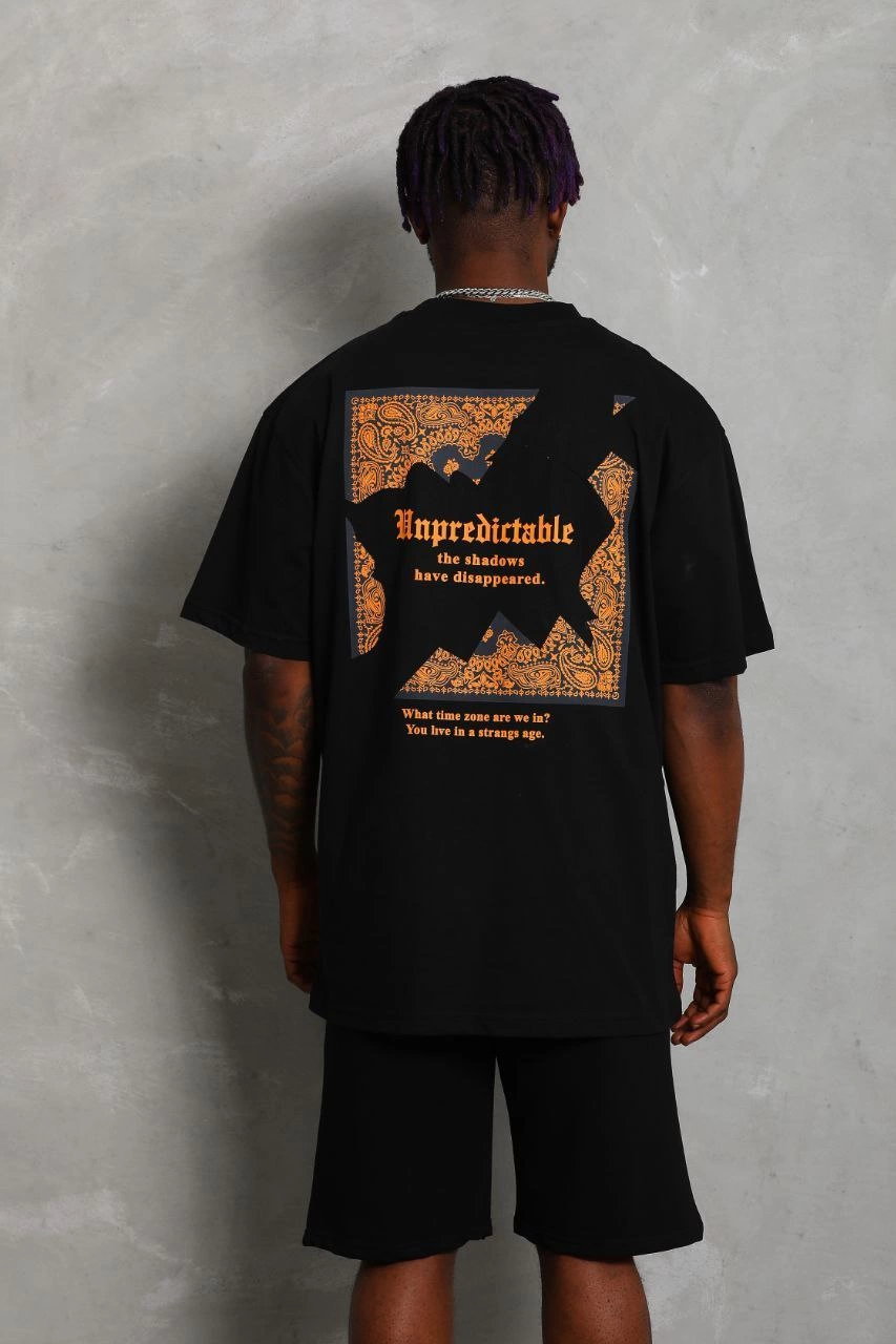 Erkek Baskılı Tişört Kısa Kol Bisiklet Yaka Oversize T-Shirt - Siyah