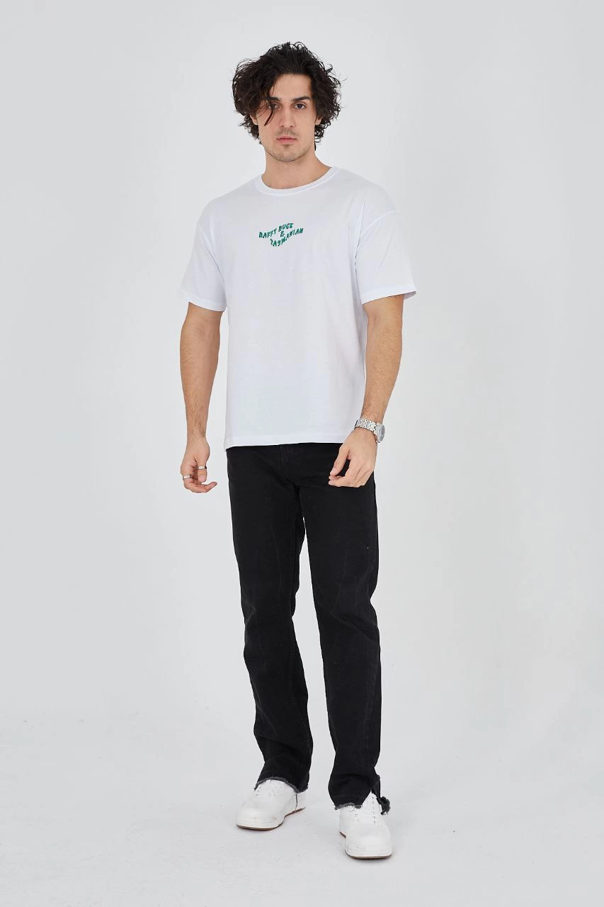 Erkek Baskılı T-Shirt Kısa Kol Bisiklet Yaka Regular Fit Rahat Kalıp Günlük Tişört - Beyaz