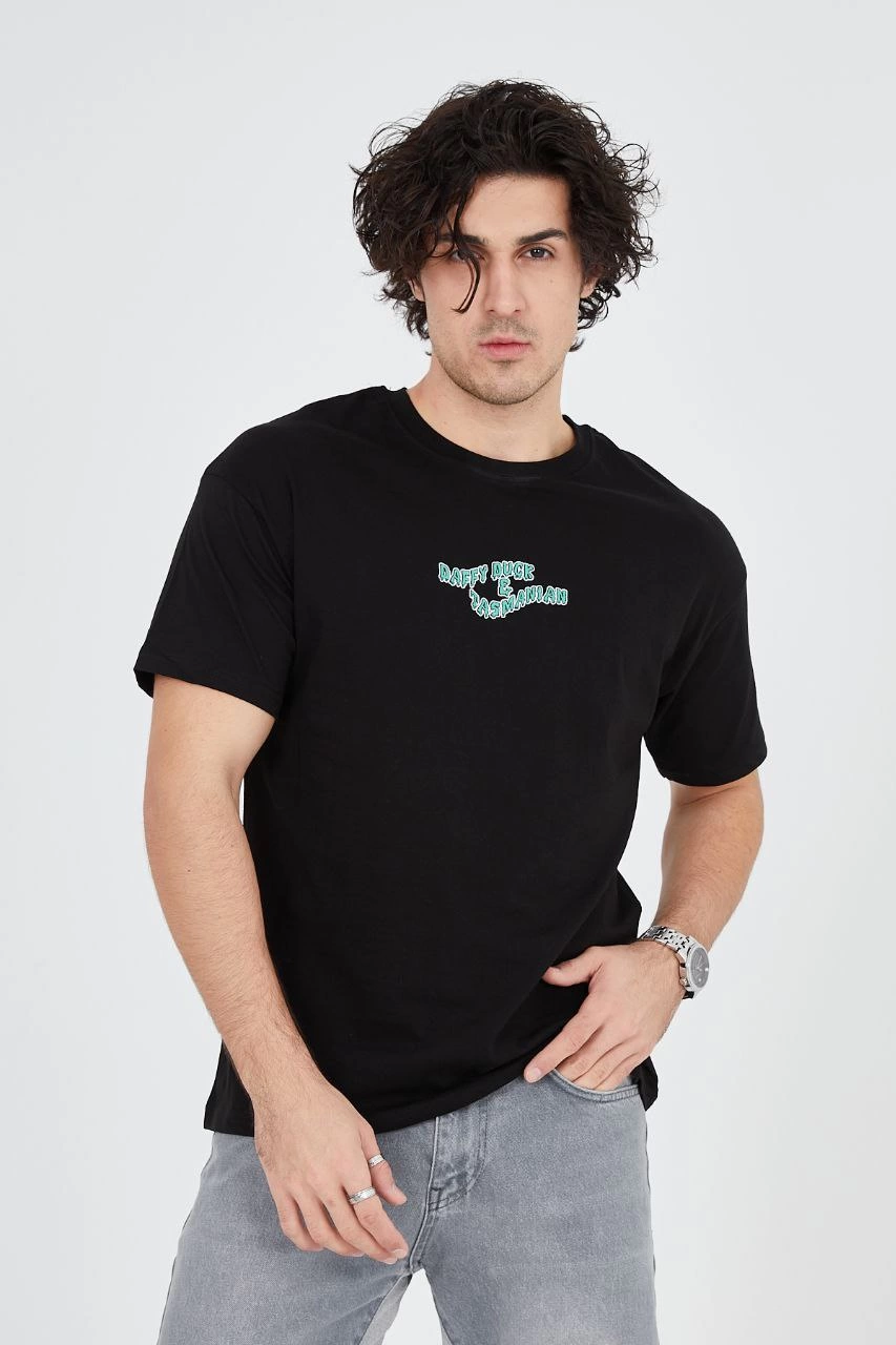Erkek Baskılı T-Shirt Kısa Kol Bisiklet Yaka Regular Fit Rahat Kalıp Günlük Tişört - Siyah