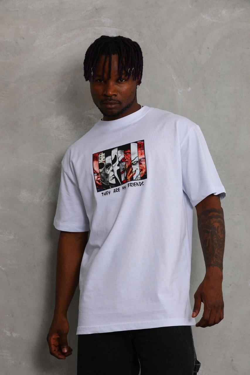 Erkek Baskılı T-Shirt Kısa Kol Bisiklet Yaka Regular Fit Rahat Kalıp Günlük Tişört - Beyaz