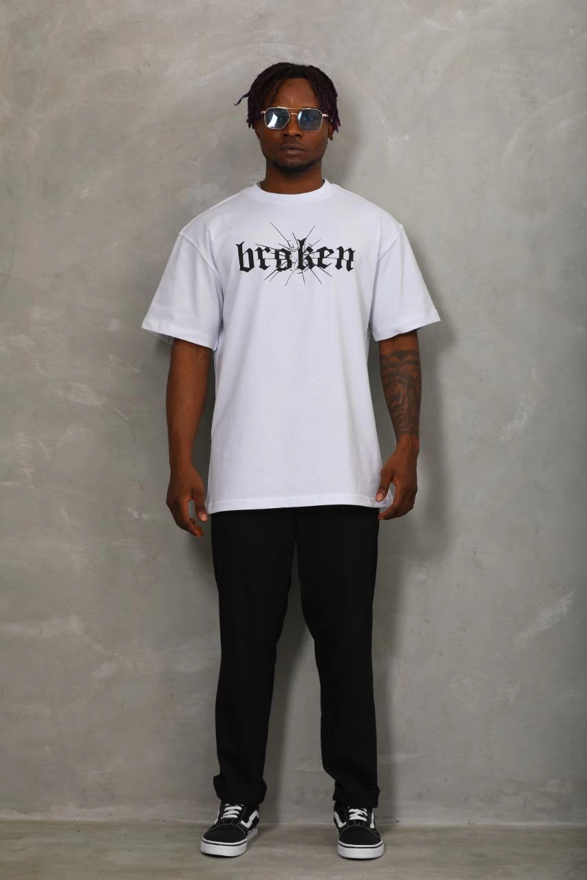 Erkek Baskılı T-Shirt Kısa Kol Bisiklet Yaka Regular Fit Rahat Kalıp Günlük Tişört - Beyaz