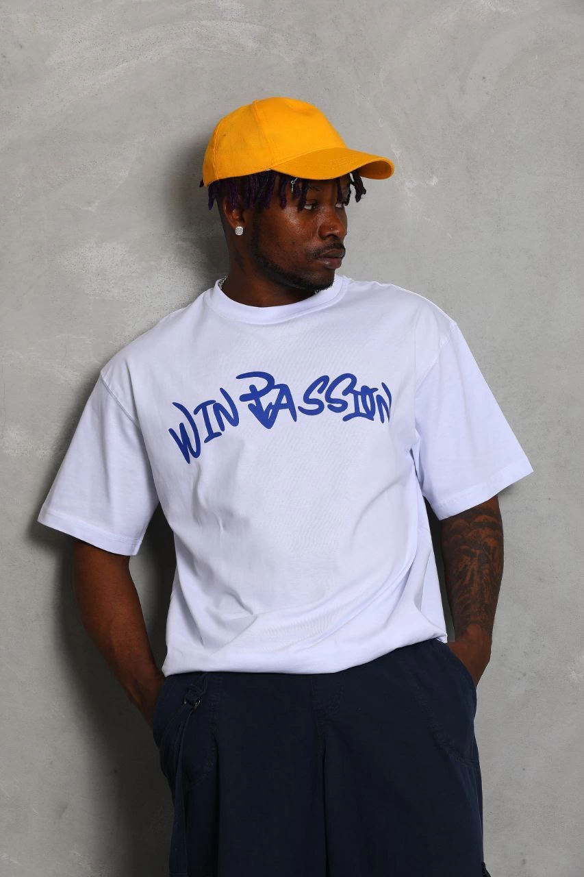 Erkek Baskılı Tişört Kısa Kol Bisiklet Yaka Oversize T-Shirt - Beyaz