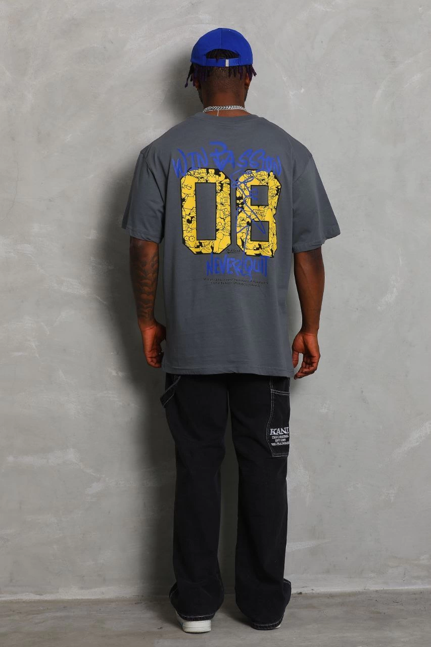 Erkek Baskılı Tişort Kısa Kol Bisiklet Yaka Oversize T-Shirt - Füme