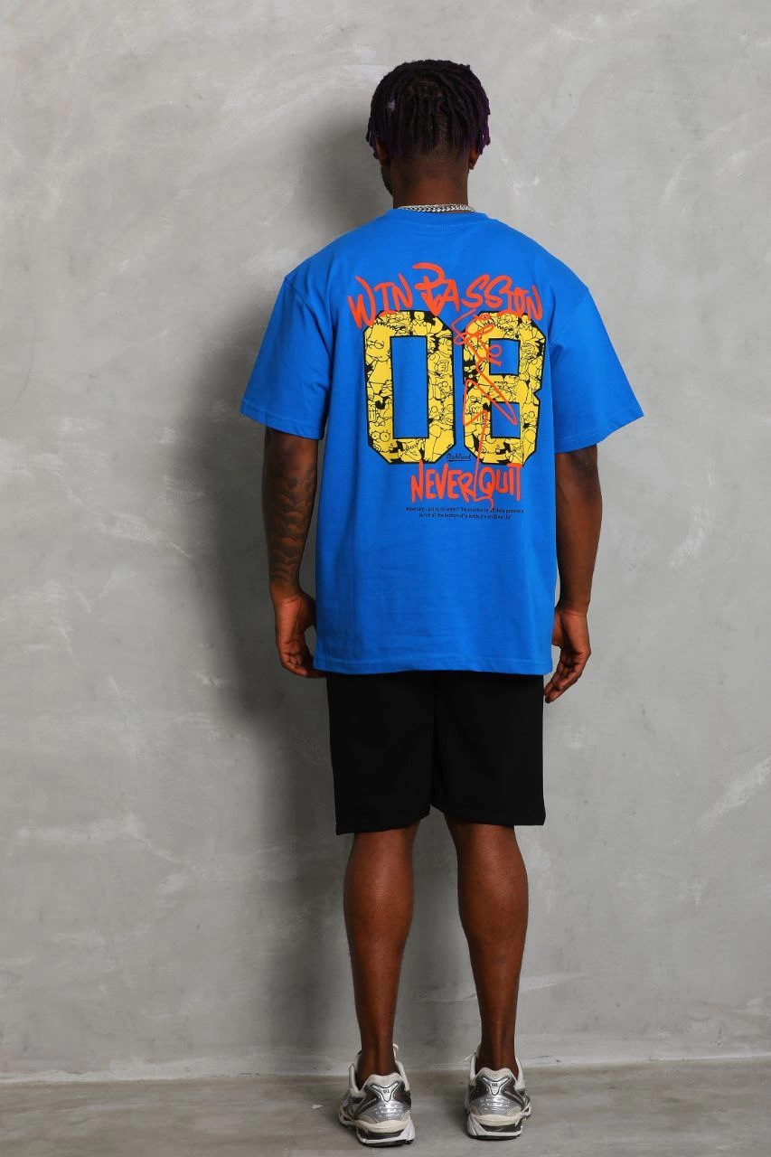 Erkek Baskılı Tişört Kısa Kol Bisiklet Yaka Oversize T-Shirt - Mavi