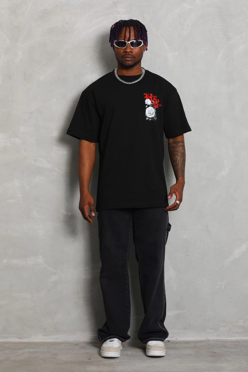 Erkek Kısa Kol Yazlık Tişört Bisiklet Yaka Baskılı Oversize T-Shirt - Siyah